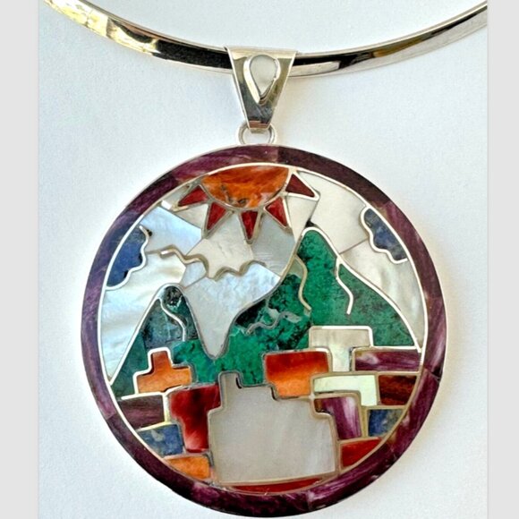 Peruvian 950 Sterling Silver Pendant | Handcrafted Mosaic Inlay natural stone - Picture 7 of 7